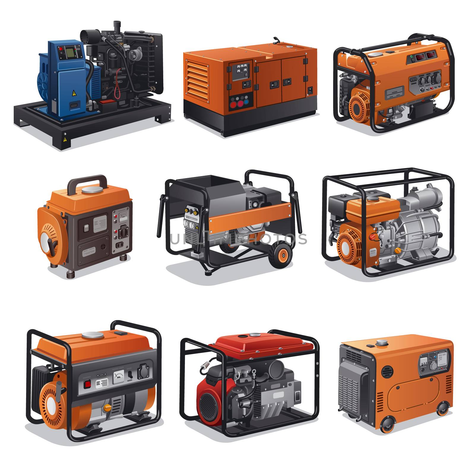 illustration of different type of industrial and small power generators
