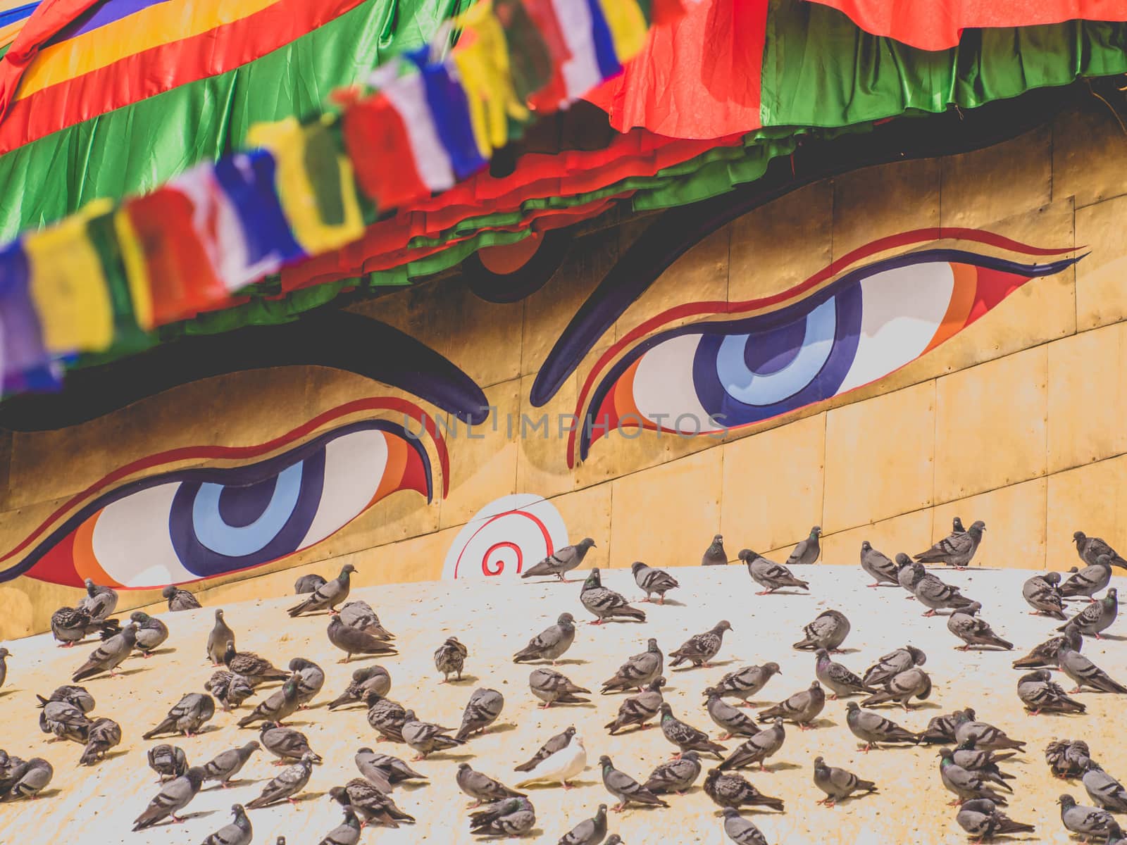 Boudha, bodhnath or Boudhanath stupa with prayer flags, the biggest buddhist stupa in Kathmandu