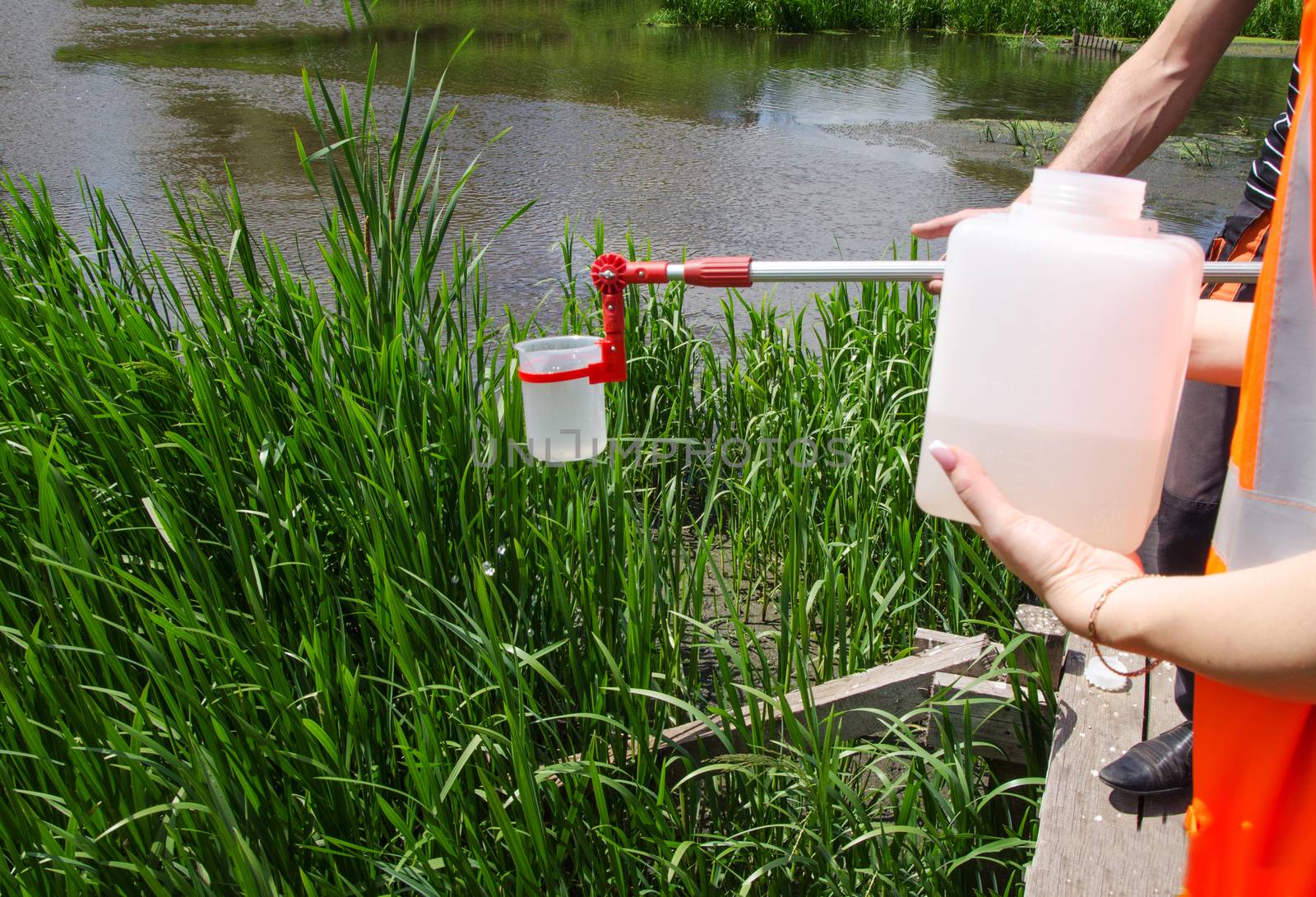 Take samples of water for laboratory testing. The concept - analysis of water purity, environment, ecology