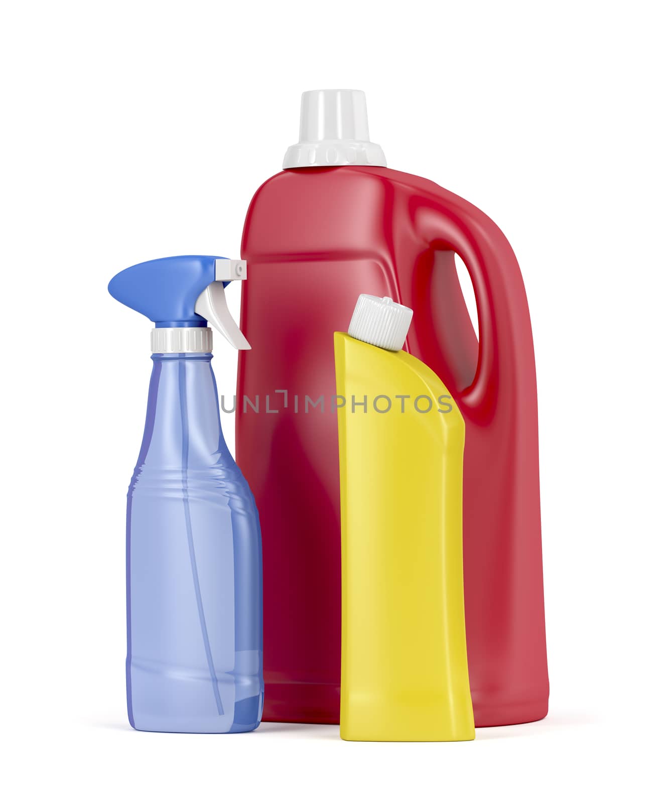 Plastic detergent bottles on white background 