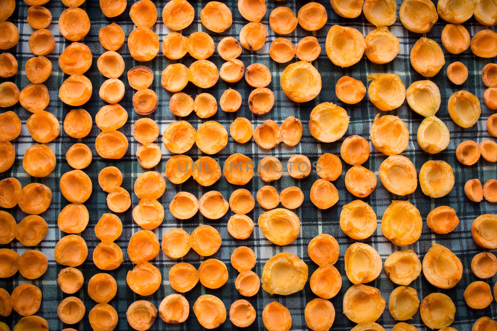 Fresh summer harvest of juicy mellow orange apricot fruits are drying on sun preparing for conservation