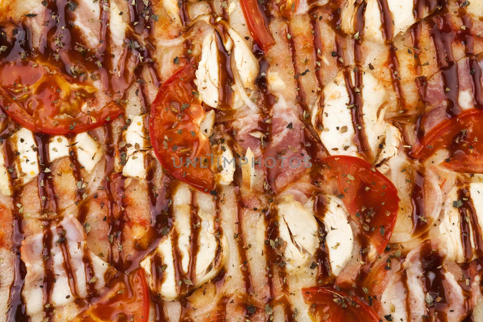 Close-up of barbecue chicken pizza, BBQ pizza texture by xamtiw