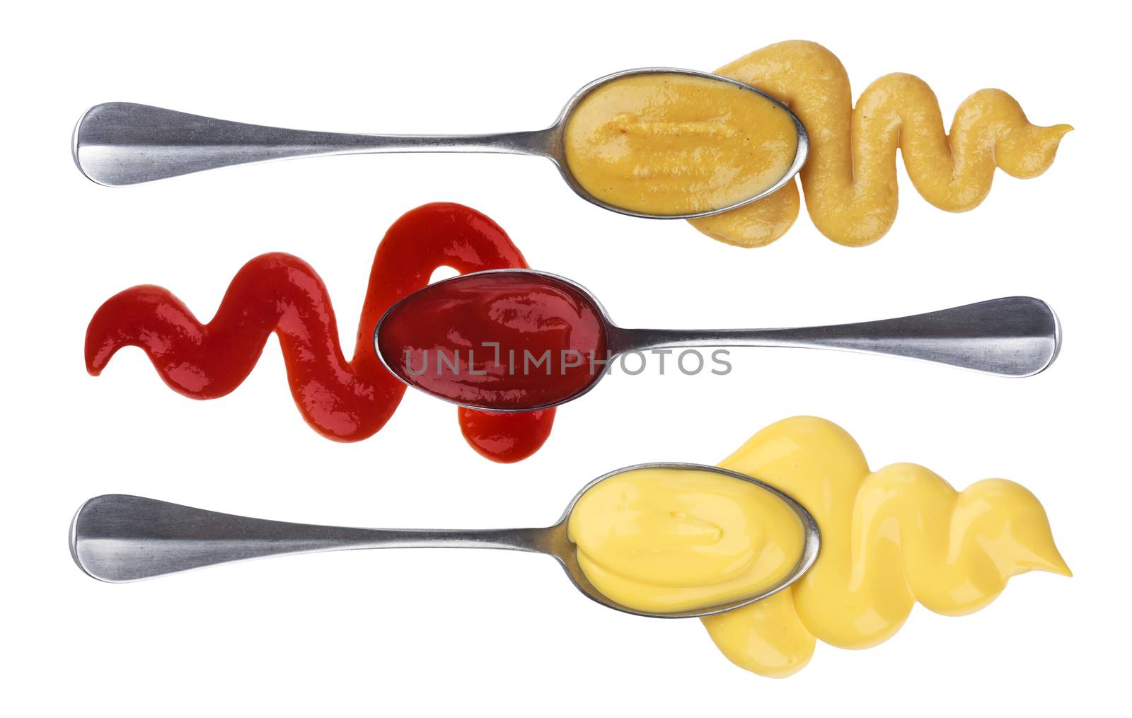 Ketchup, mayonnaise and mustard in spoons isolated on white background, sauces collection by xamtiw