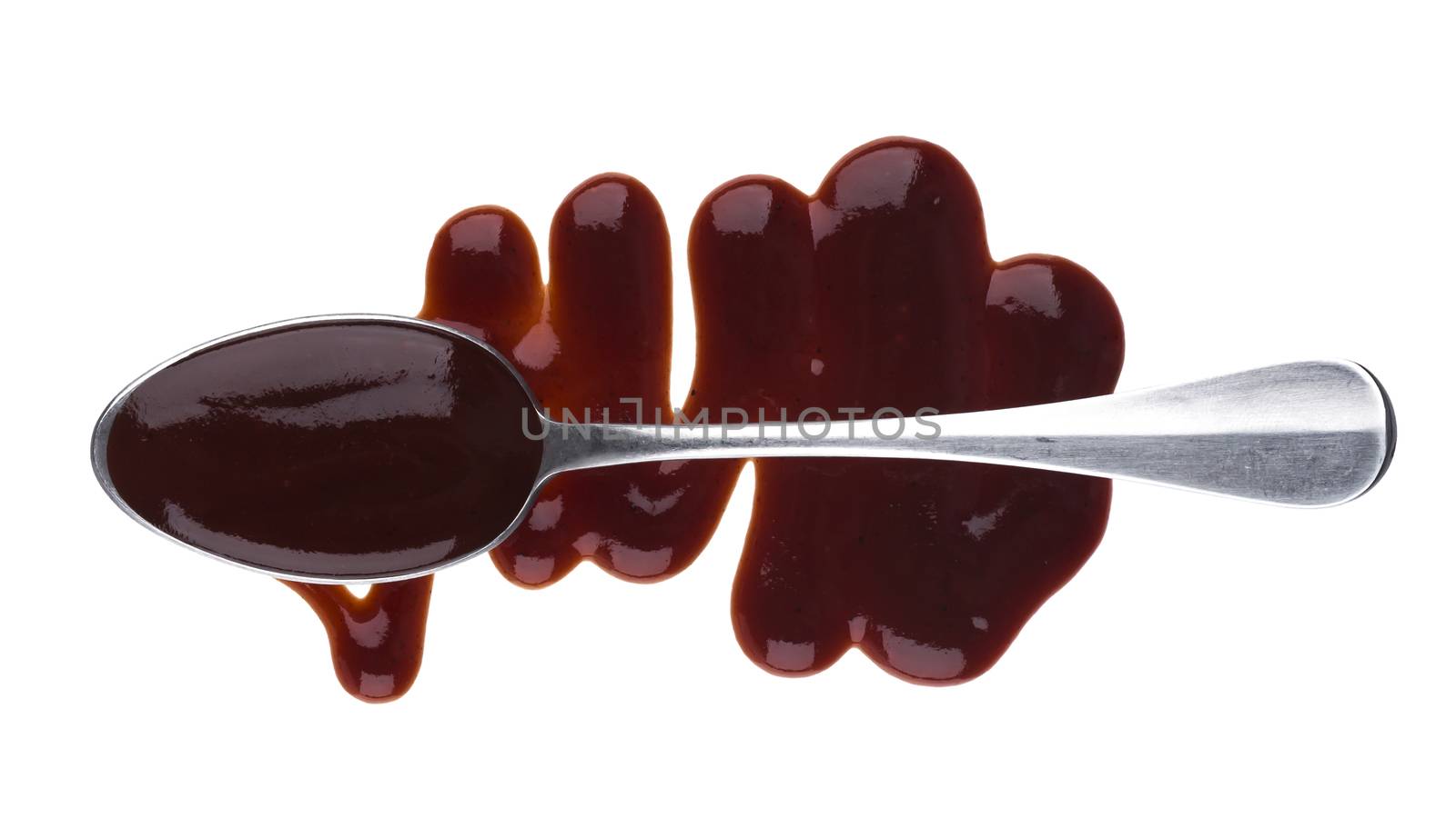 Barbecue sauce. Splashes and spilled grill sauce with spoon isolated on white background with clipping path. Top view