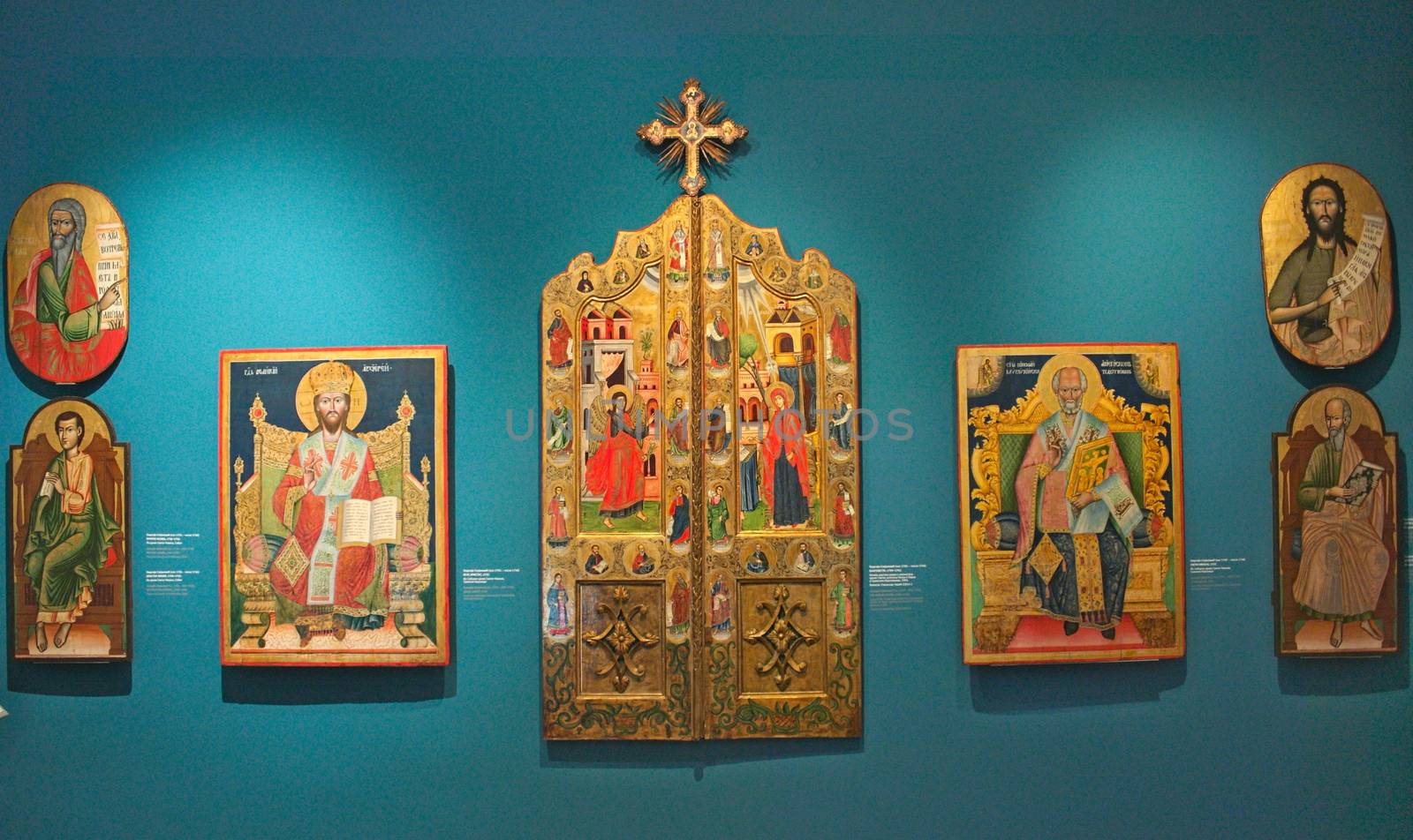 NOVI SAD, SERBIA - April 13th: Wooden Christian icons on blue wall in museum