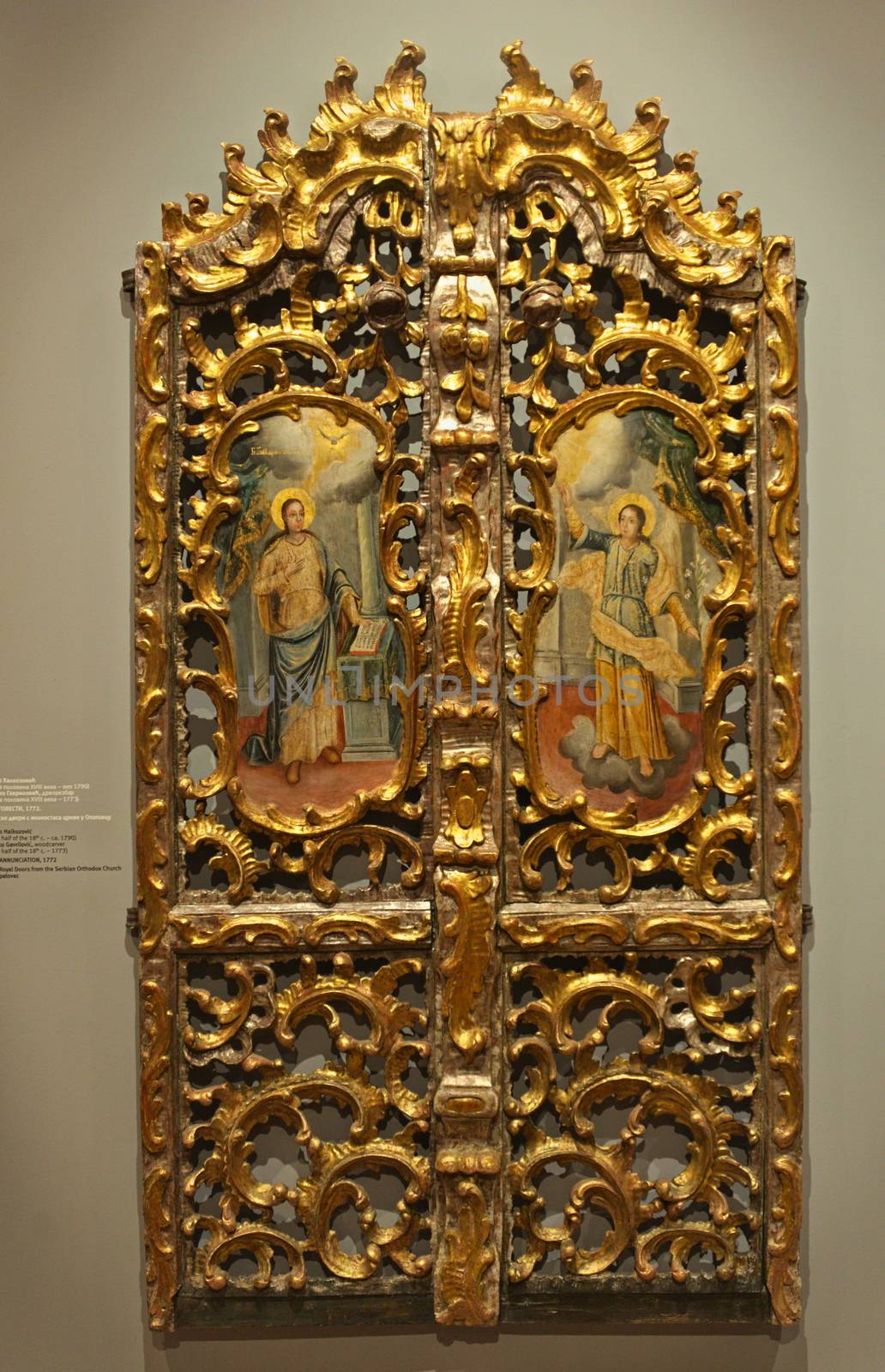 NOVI SAD, SERBIA - April 13th: Wooden Christian icons on white wall in museum by sheriffkule