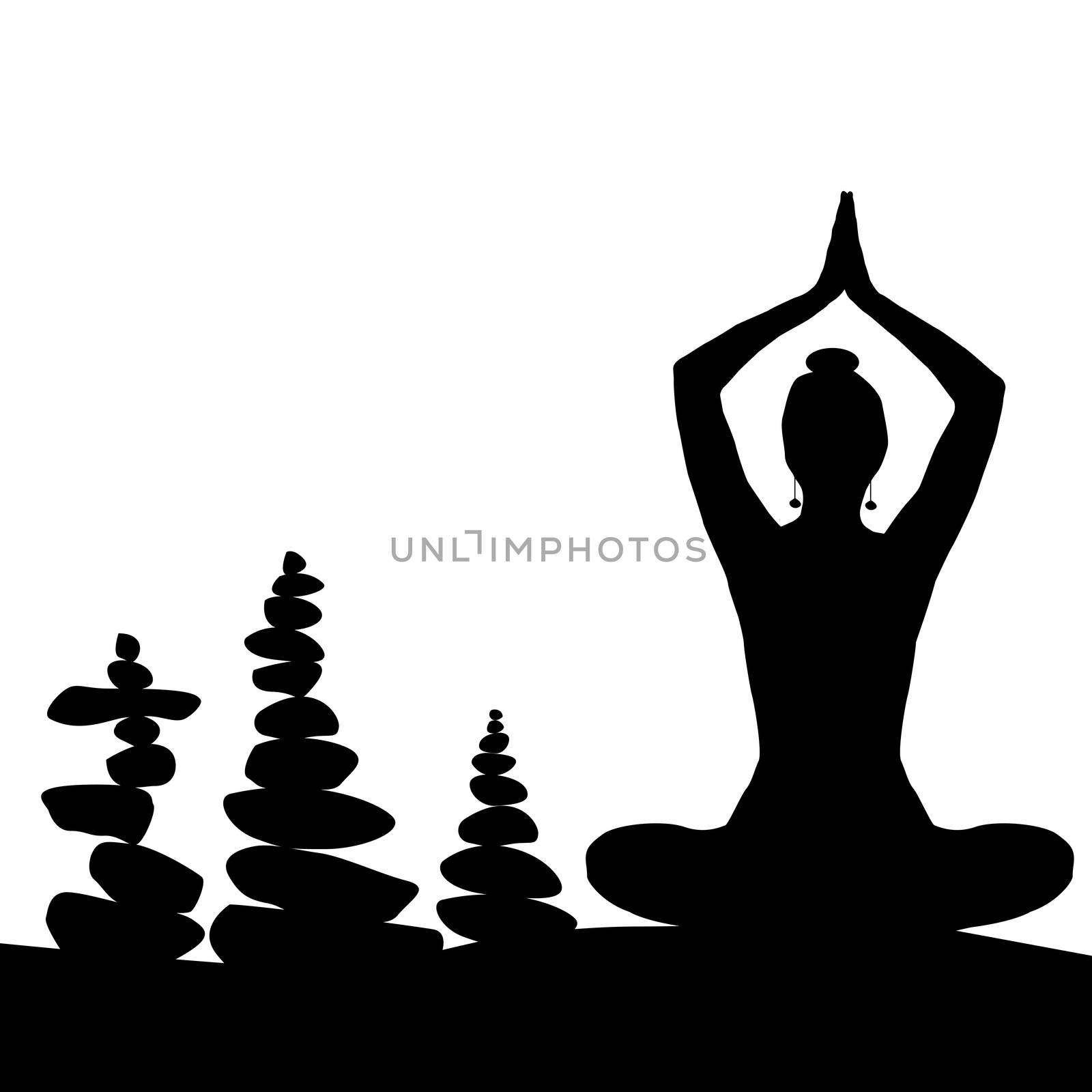 Silhouette of woman in yoga posture and balanced stones by hibrida13