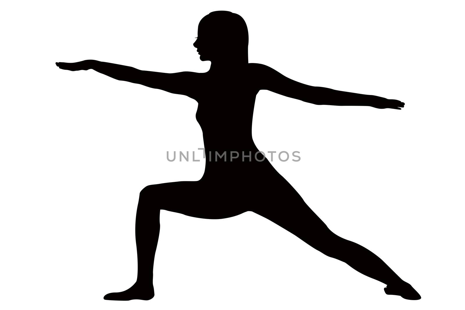 Woman practicing yoga, standing in Virabhadrasana pose