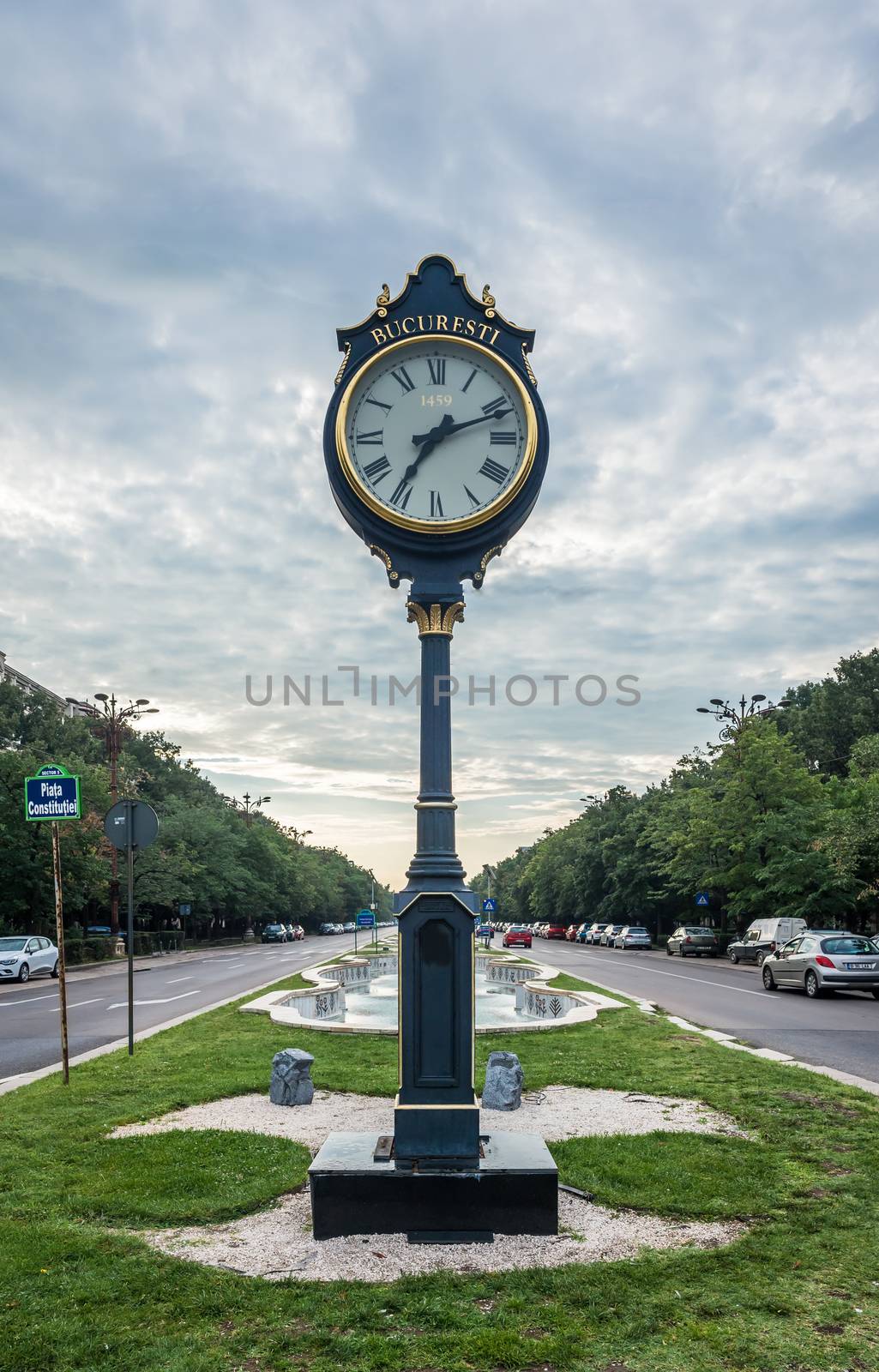 BUCHAREST, ROMANIA - 07.20.2018. Clock Bucharest 1459 on Union Boulevard in Romania in a summer morning