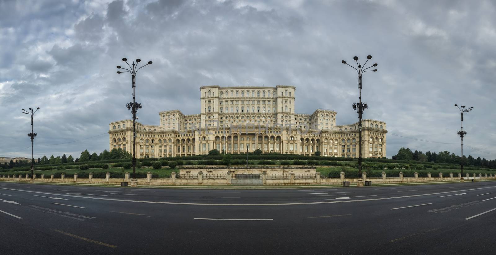 BUCHAREST, ROMANIA - 07.20.2018. Panoramic view of the Romanian parliament in Bucharest in a gloomy summer morning