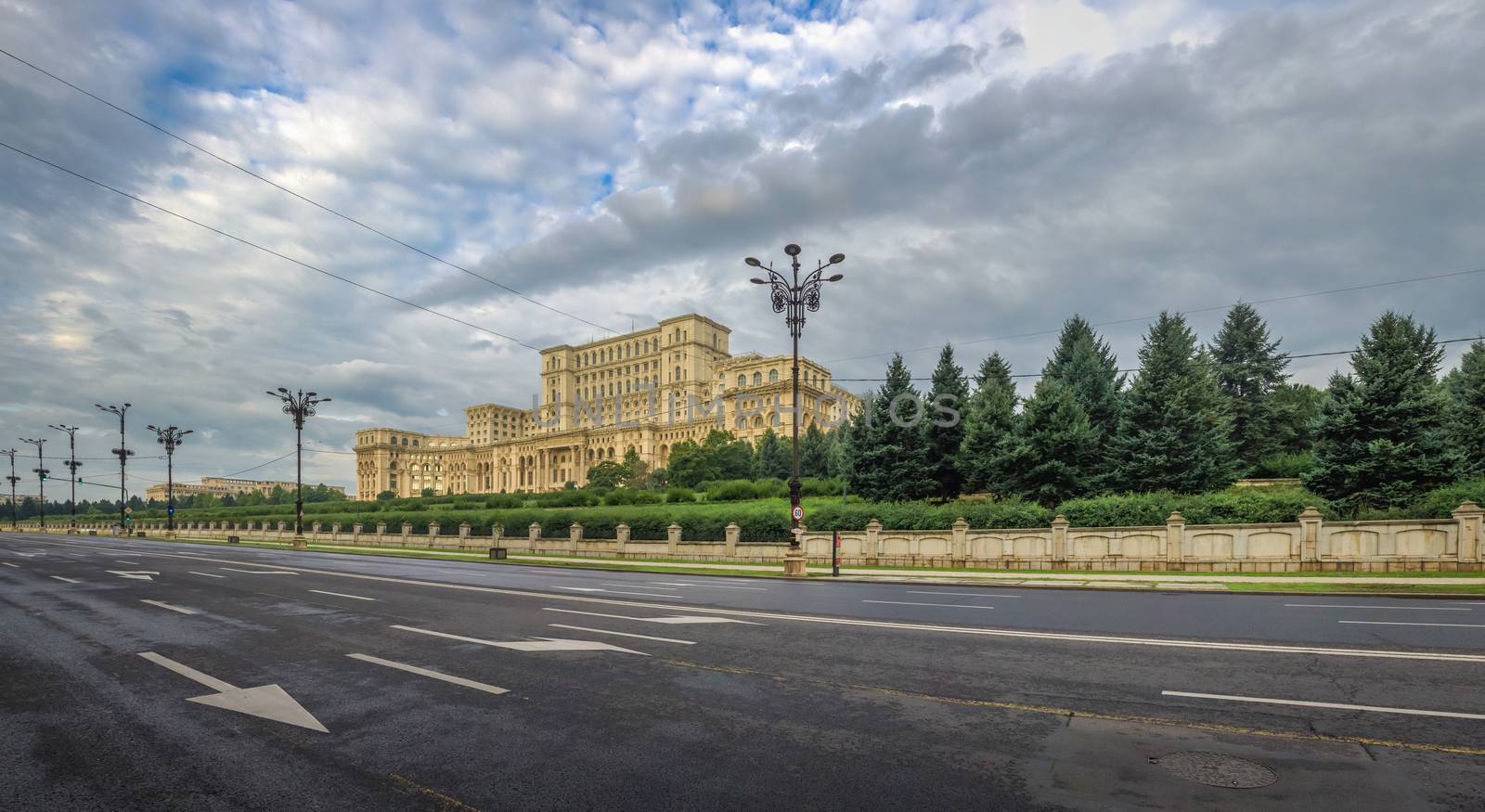 BUCHAREST, ROMANIA - 07.20.2018. Panoramic view of the Romanian parliament in Bucharest in a gloomy summer morning