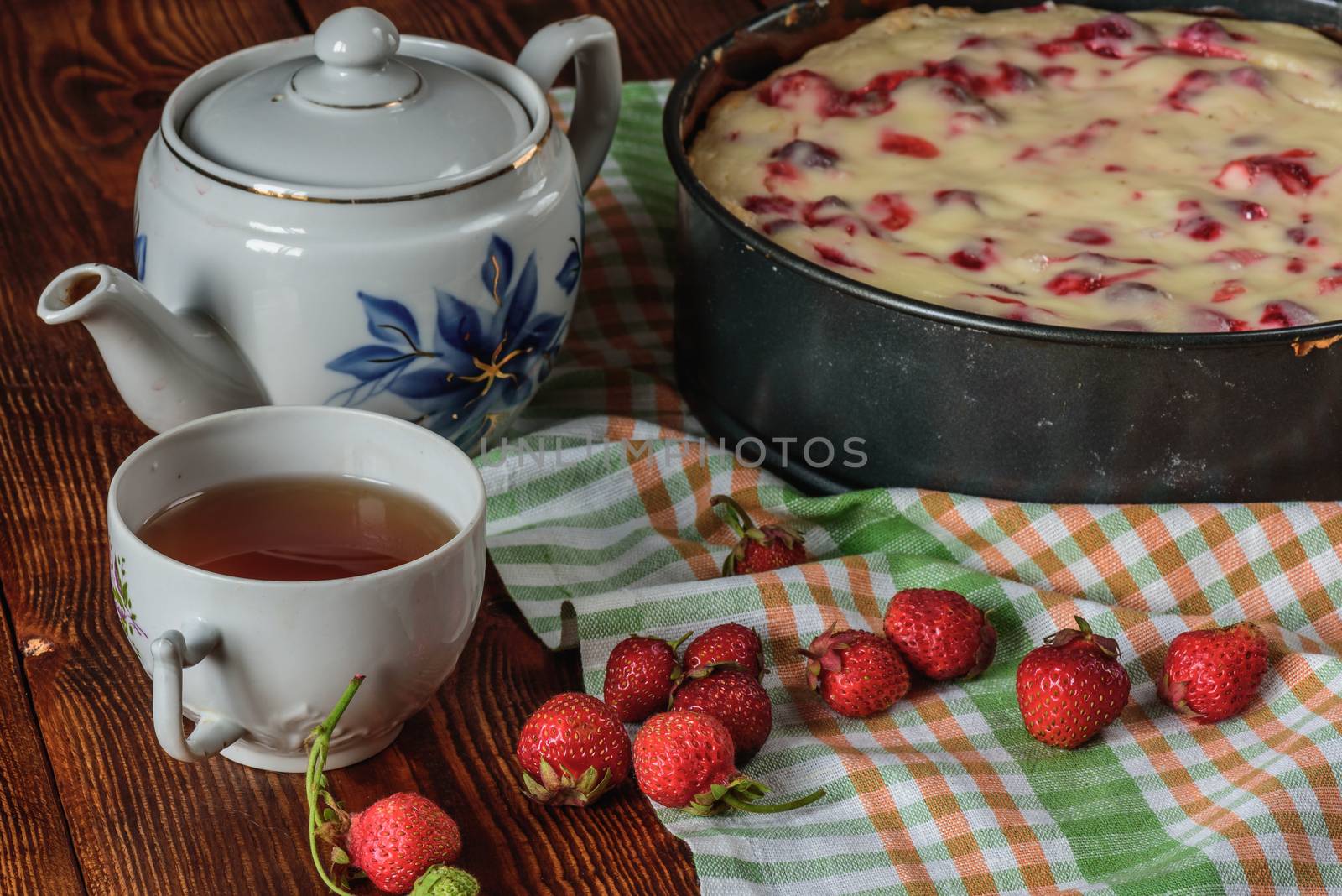 Breakfast with strawberry pie, black tea and berries by Seva_blsv