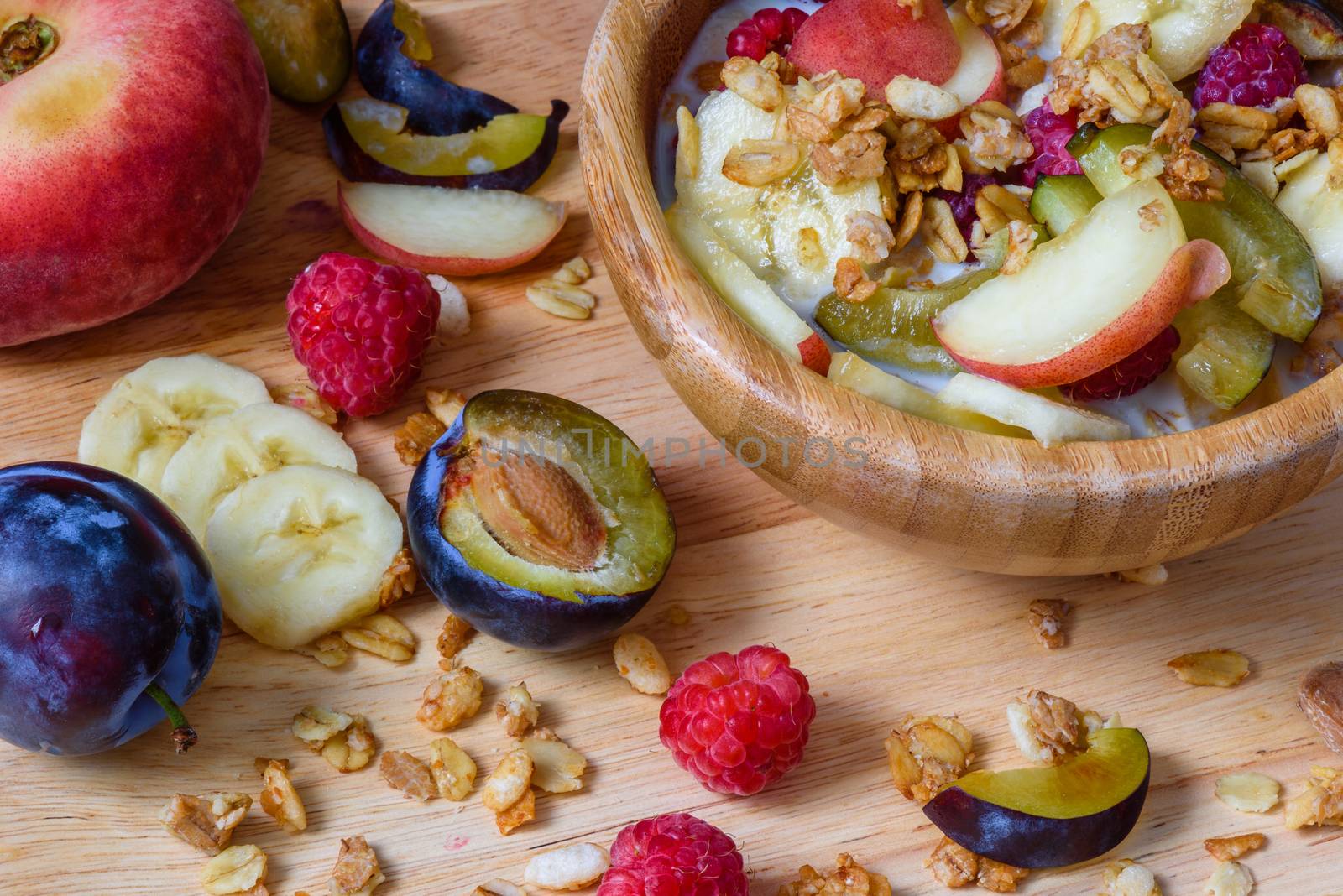 Muesli with berries, fruits and milk - healthy breakfast. by Seva_blsv