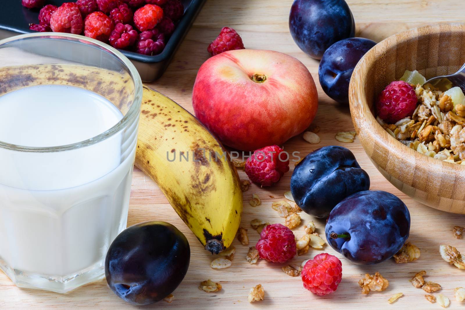 Super breakfast with muesli, berries, fruits and milk by Seva_blsv