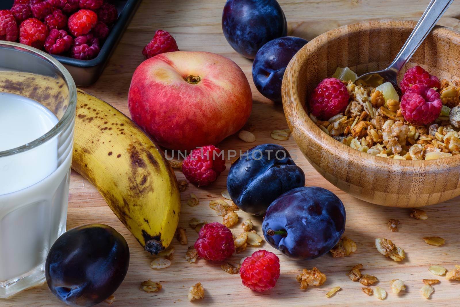 Superbreakfast bowl with muesli, berries, fruits and milk by Seva_blsv