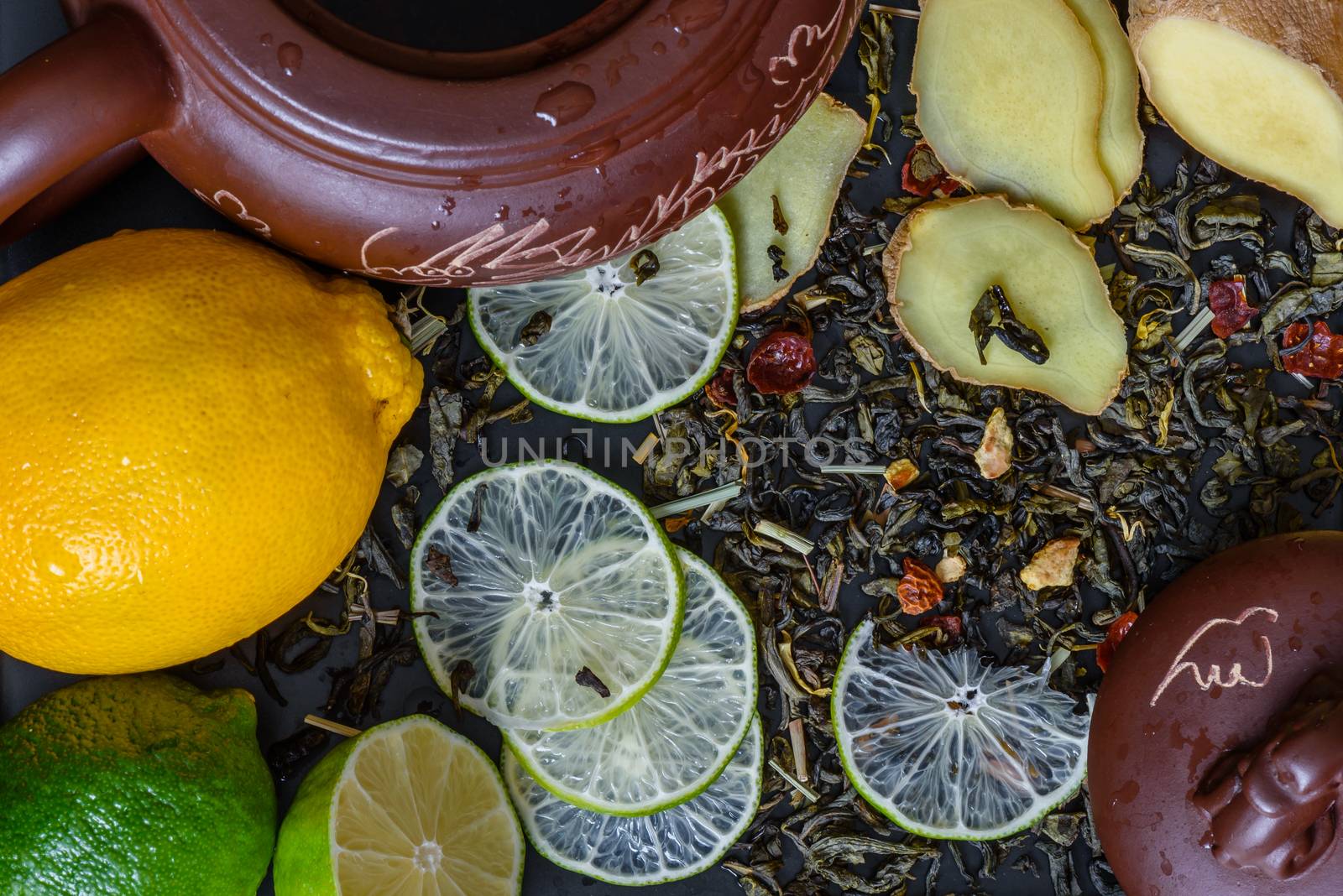 Teapot with ingredients for ginger tea by Seva_blsv