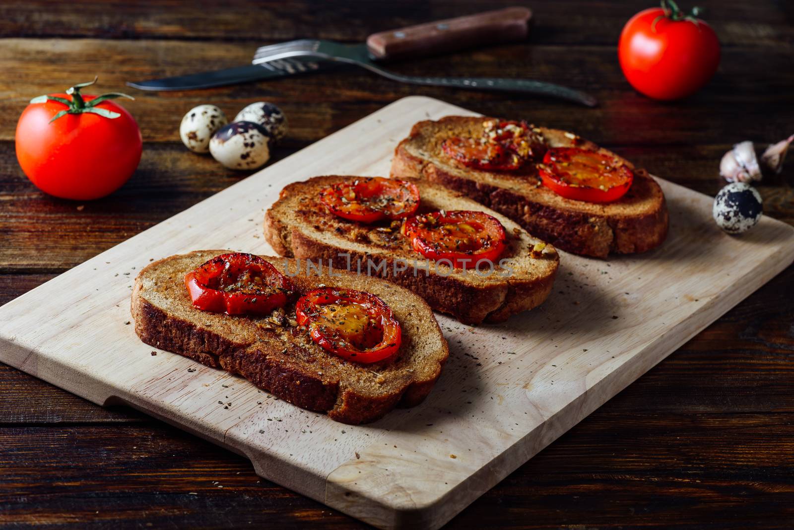 Bruschettas with Friaed Tomatoes and Condiment for Snack