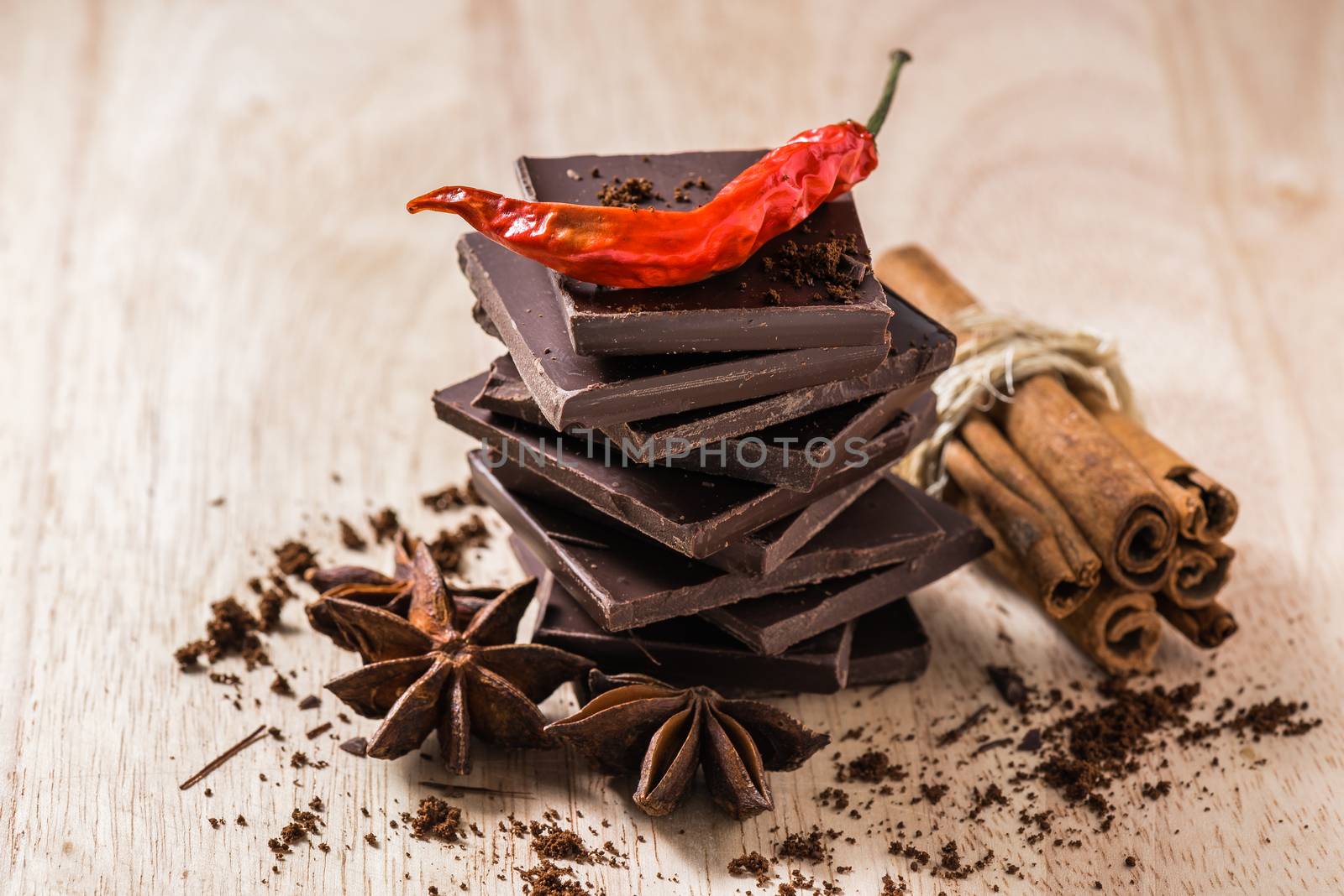 Chocolate with Red Chili Pepper, Anise Star and Cinnamon