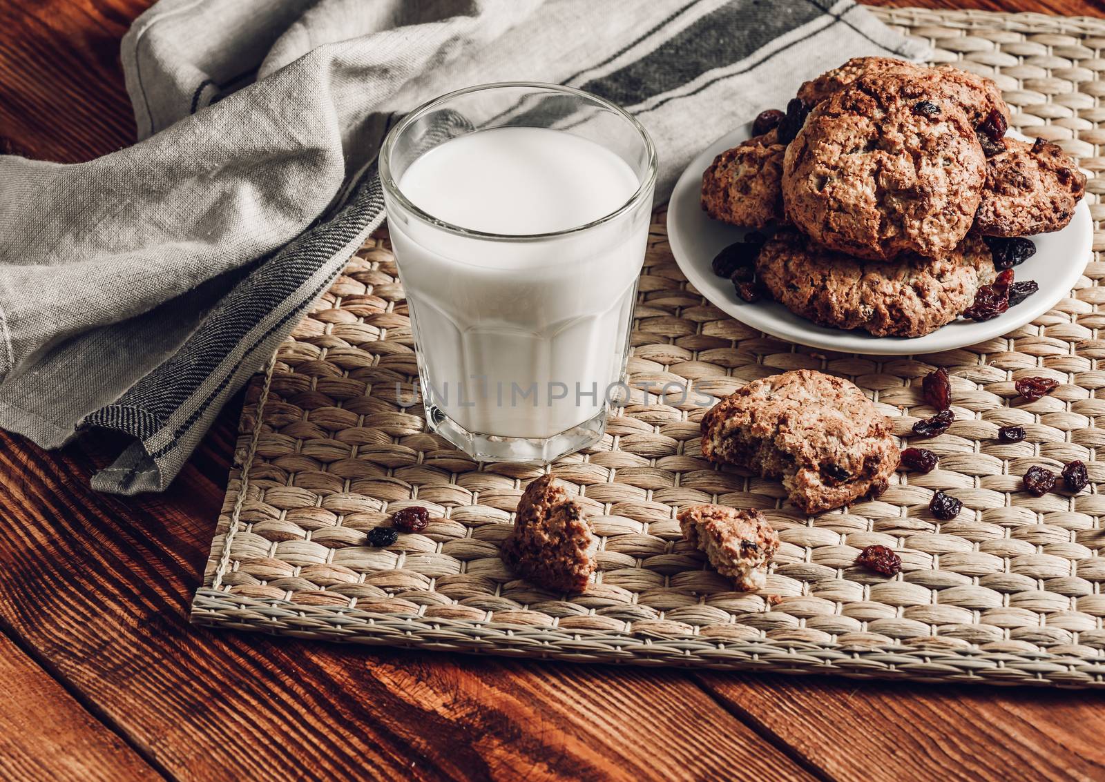 Milk with Oatmeal Cookies and Small Pieces of Cookies
