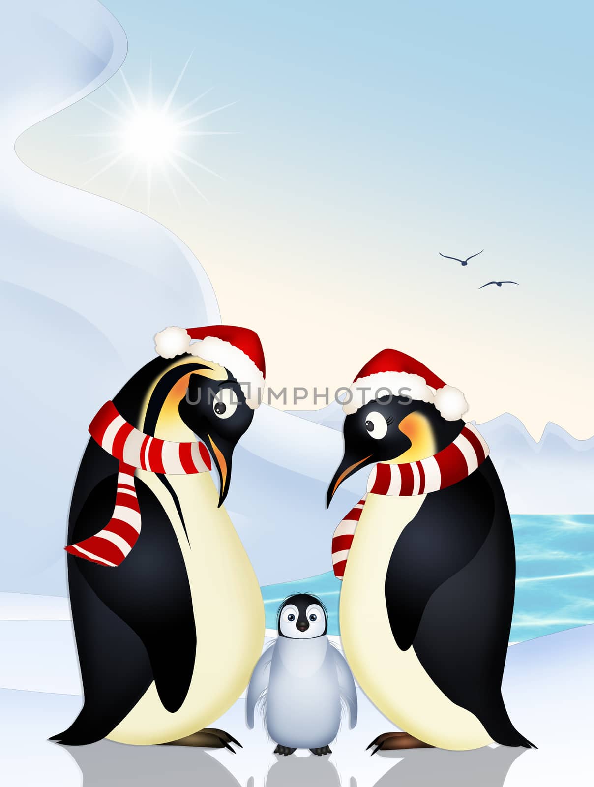 family of penguins at Christmas