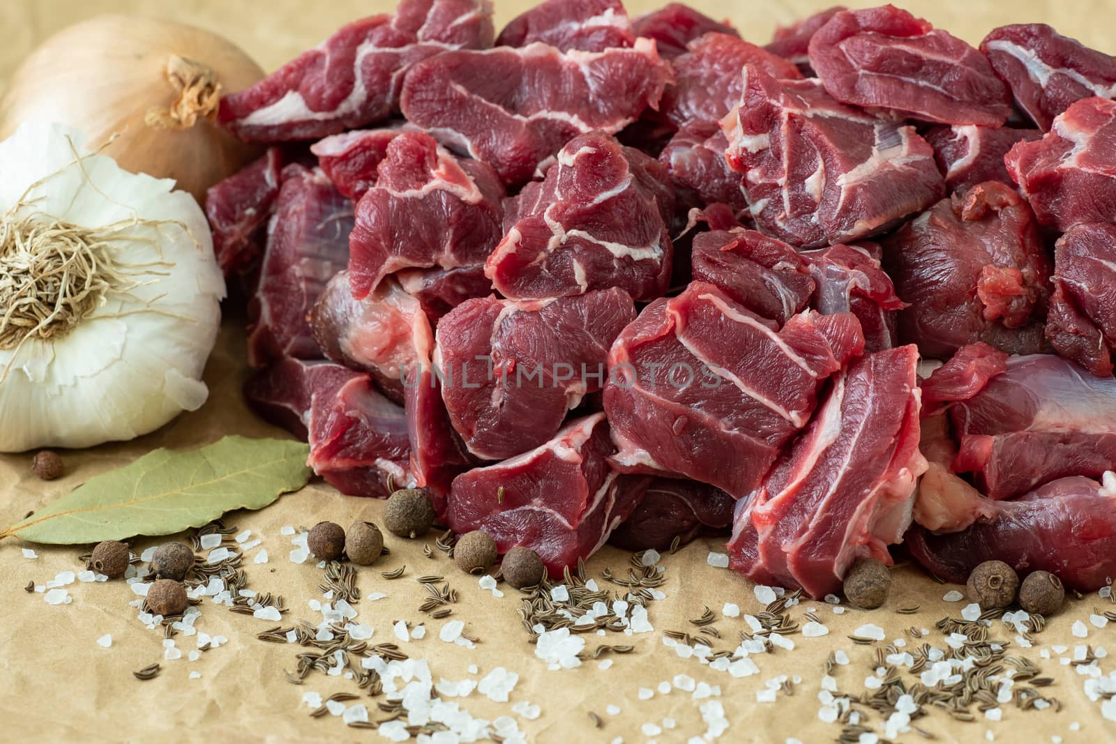 Raw beef meat with spices on paper
