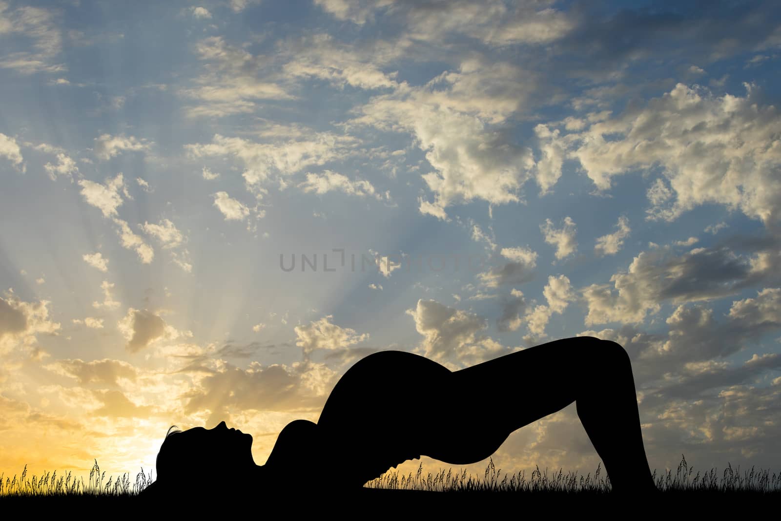 illustration of a pregnant girl doing yog at sunset