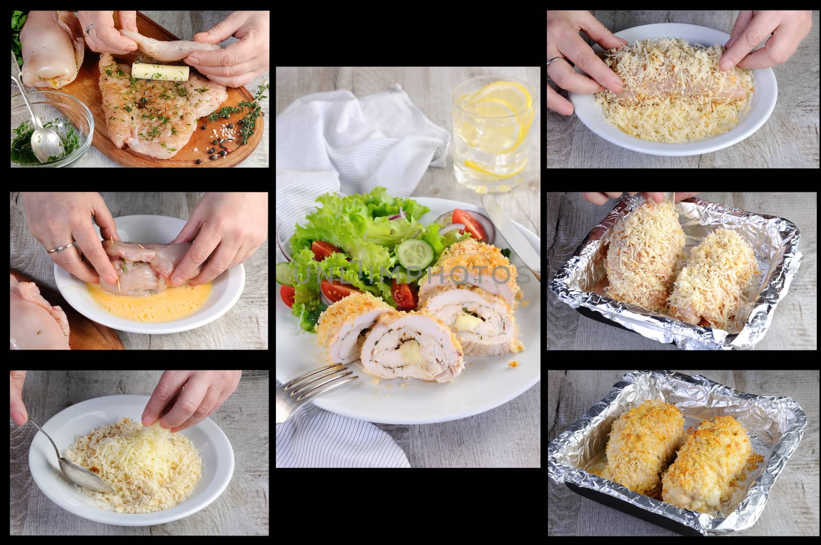 Step-by-step recipe for chicken roll with greens and mozzarella in breading.