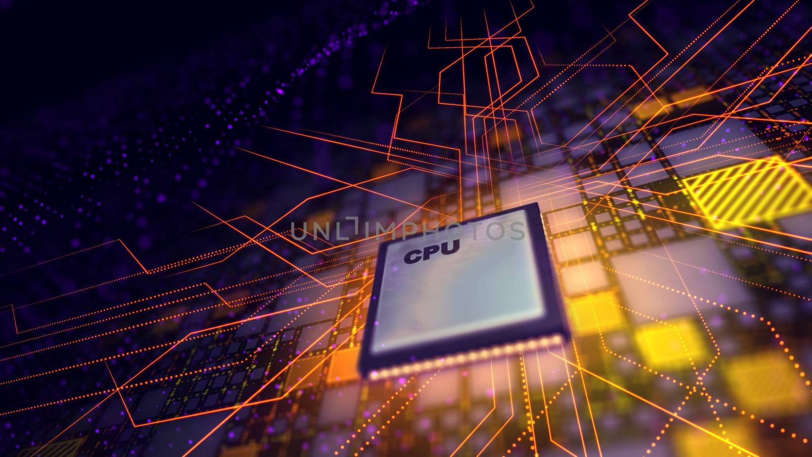 An impressive 3d illustration of a square CPU processor located aslant in the violet motherboard. It is connected with red and yellow energy pipes making zigzag turns and square plates. 