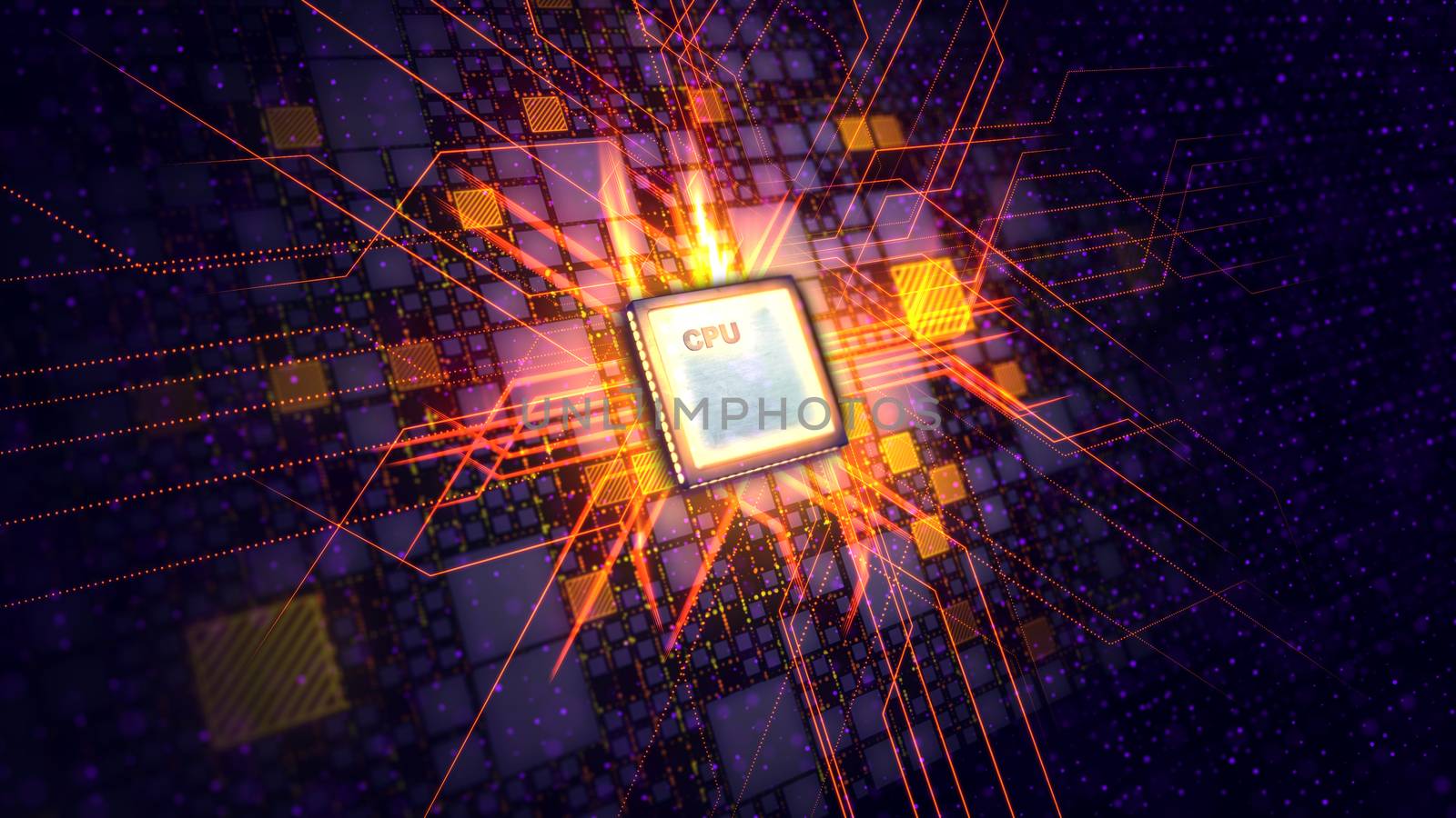 An exciting 3d illustration of a square CPU microprocessor with plasma arcs around being put diagonally in the black motherboard with golden plates, violet dots and red power lines. 