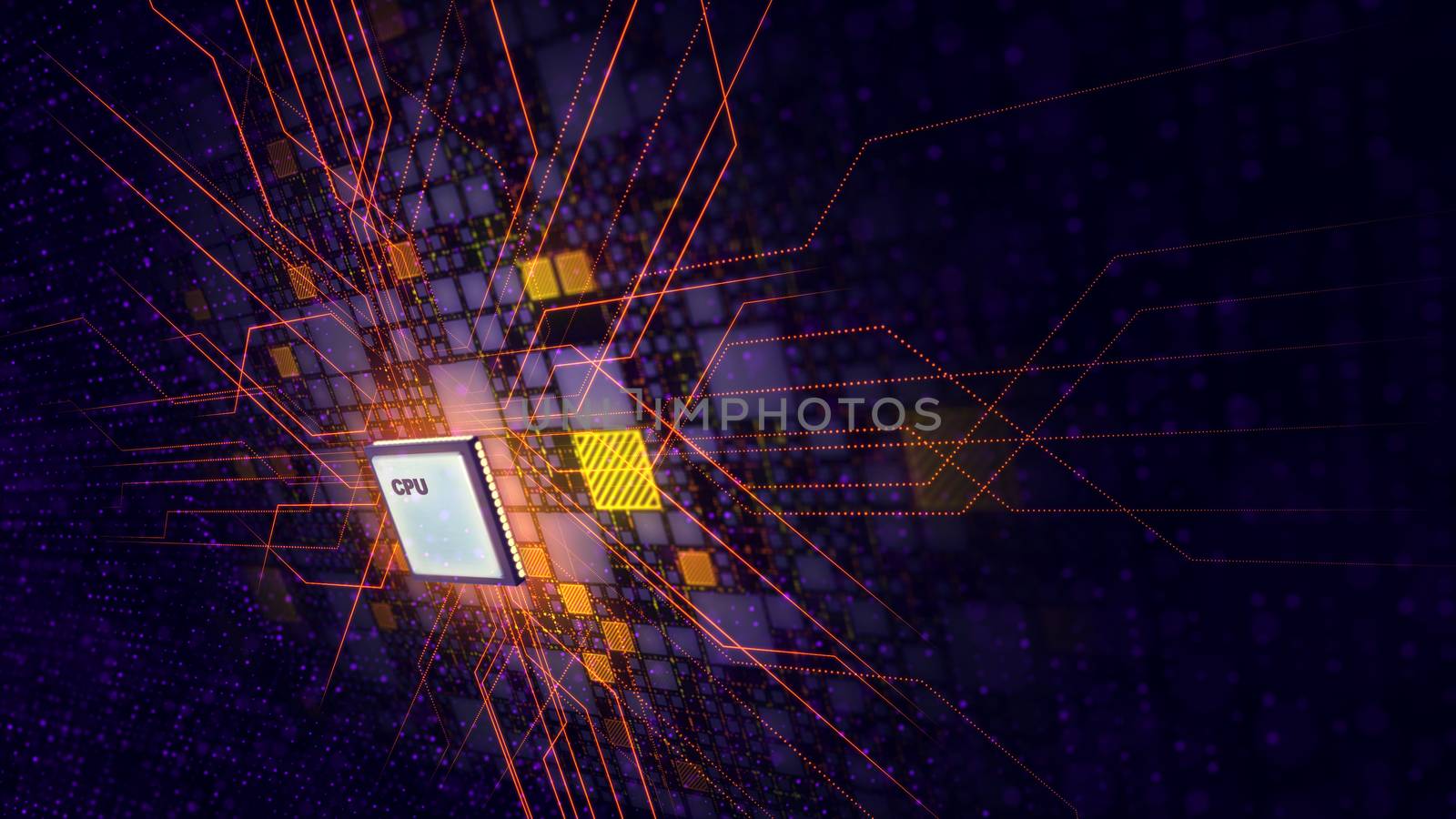A technological 3d illustration of a square CPU microprocessor composing a powerful black motherboard put askew with yellow square patches, violet spots and red energy rays. 