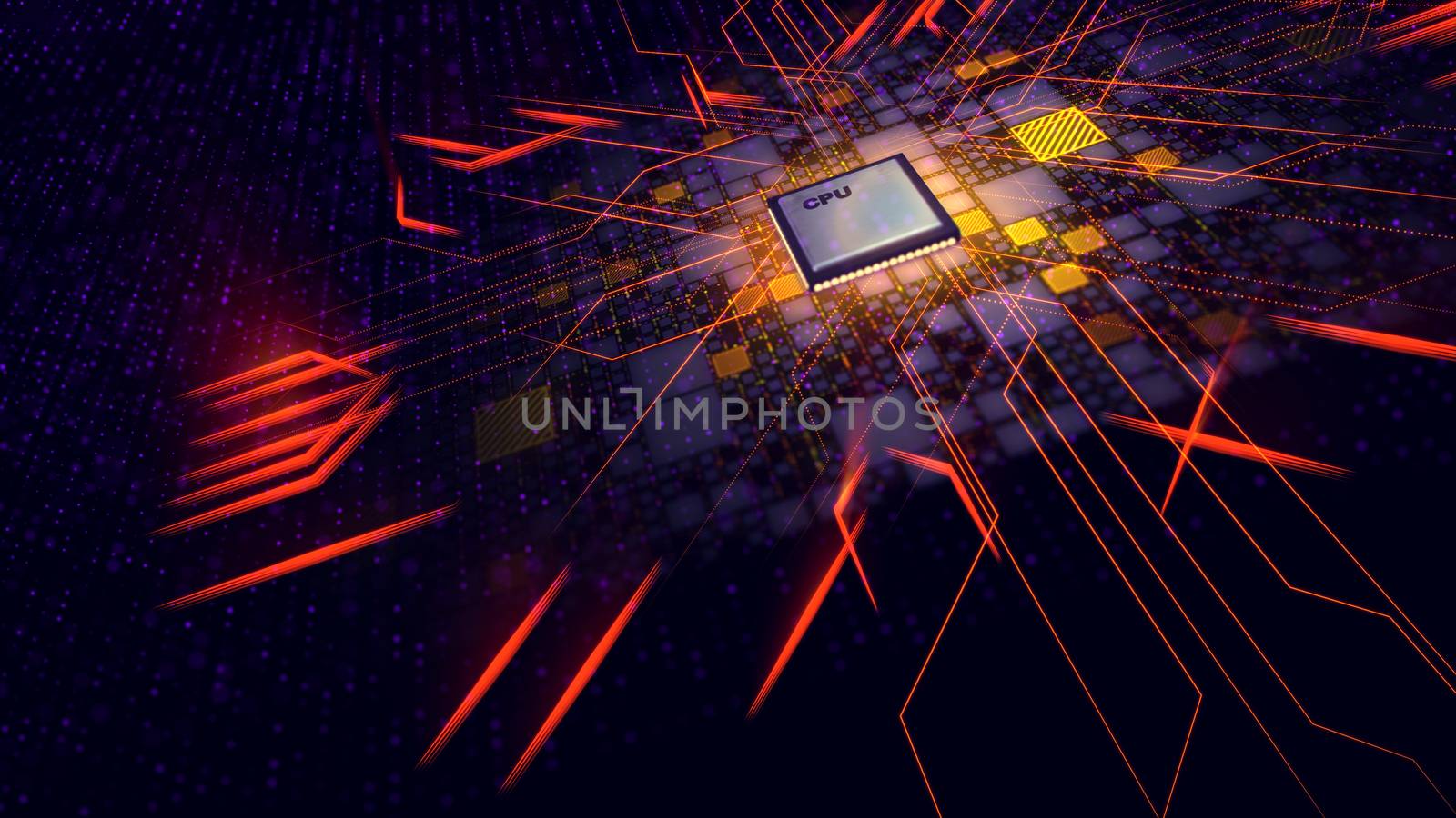 A hi-tech 3d illustration of a cubic CPU screen with diagonal and straight power rays resembling some futuristic transformer face in the black cyberspace with yellow and violet plates and spots. 
