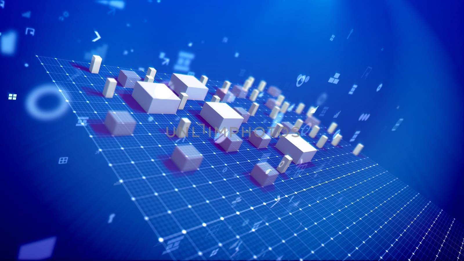 An exciting 3d illustration of a bar chart with rising rectangular columns meaning profit in the blue backdrop put askew with soaring spots, key holes, angles, windows and other pc symbols. 