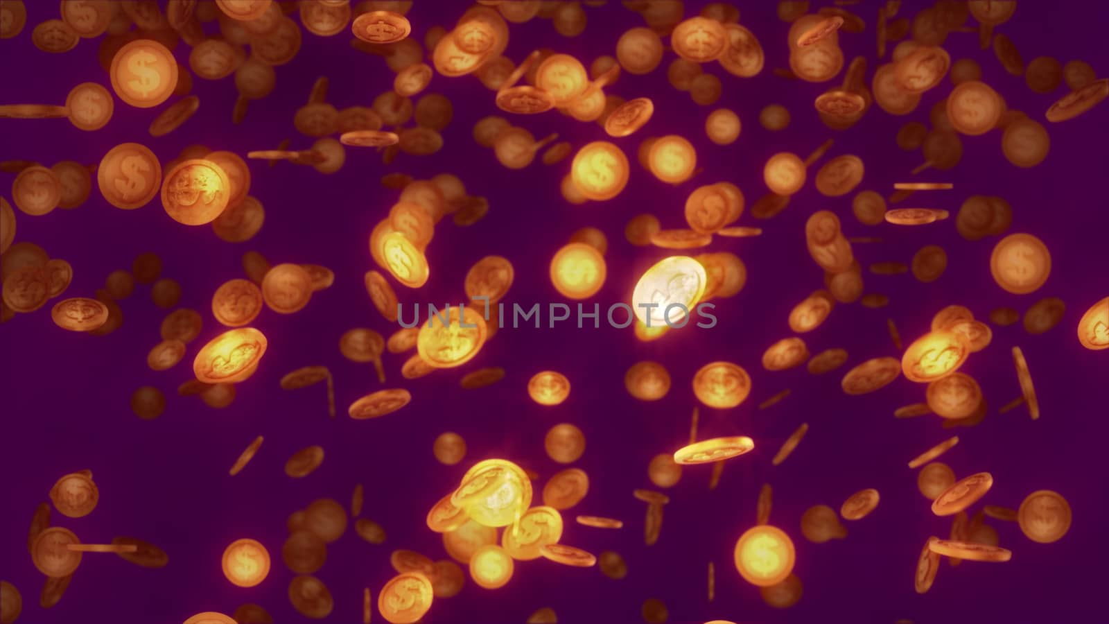 A happy 3d illustration of entertaining golden dollar coins bouncing and spinning in the dark violet background. They dash and shine optimistically giving the feeling of treasure and luck.