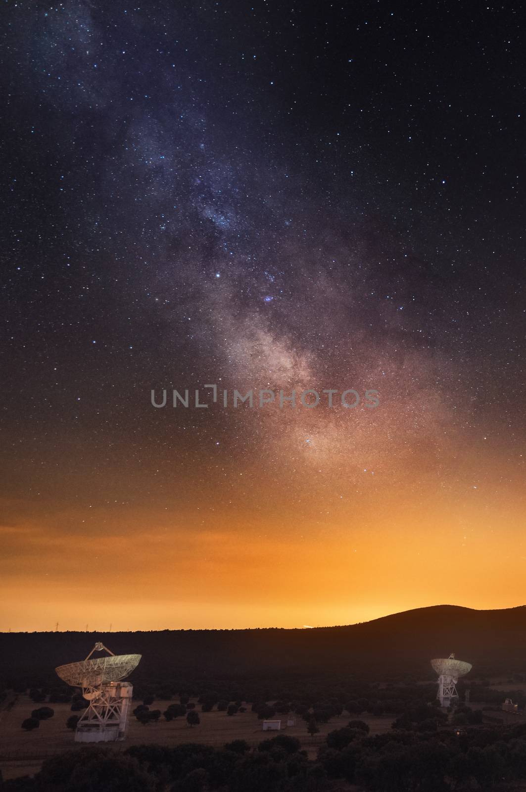 Group of radio telescopes and milky way