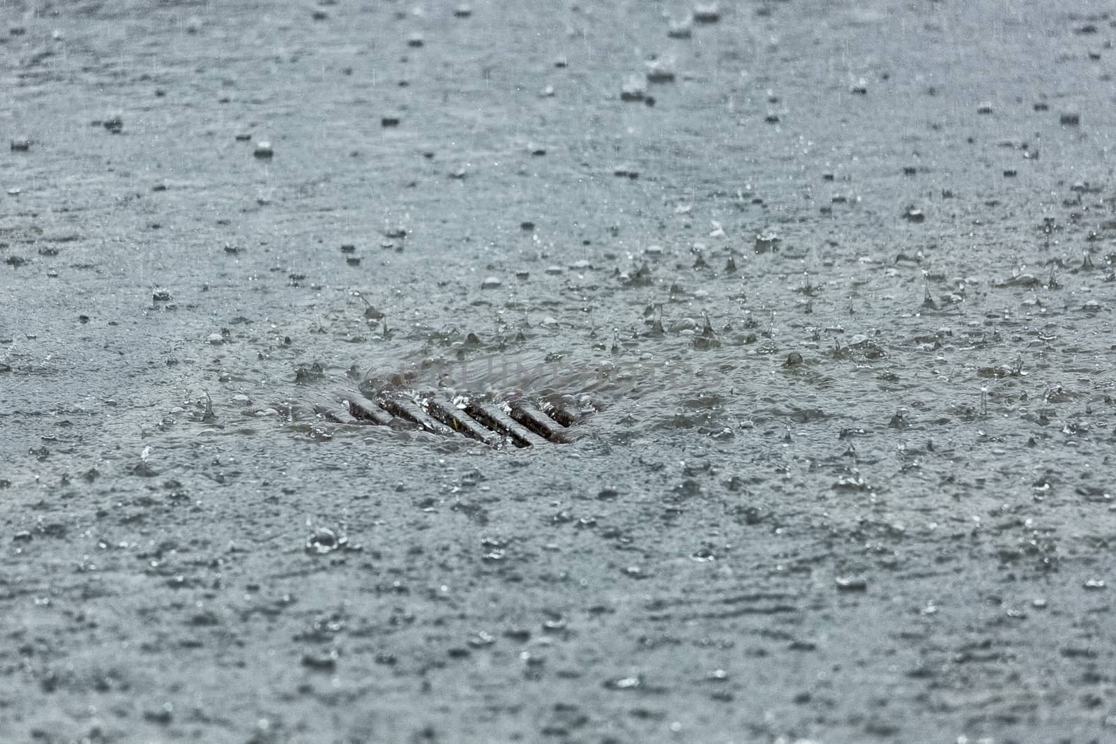 Rainwater Flowing into Storm drain close up.