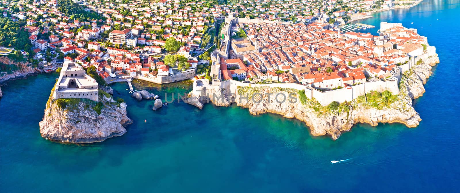 Historic city of Dubrovnik aerial panoramic view, southern Dalmatia region of Croatia