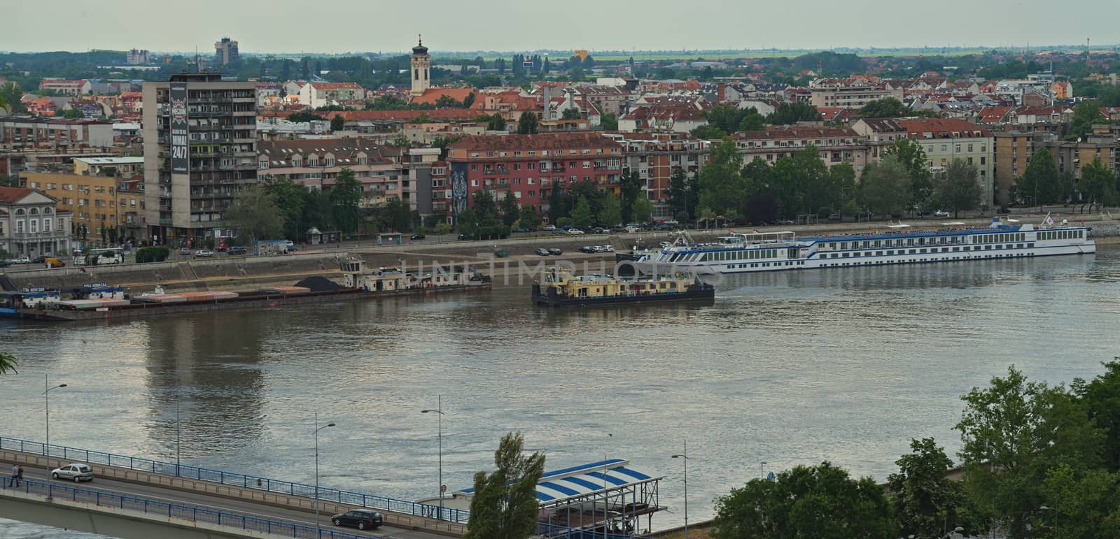 NOVI SAD, SERBIA - May 18th: View at Danube and City of Novi Sad pier with boats by sheriffkule