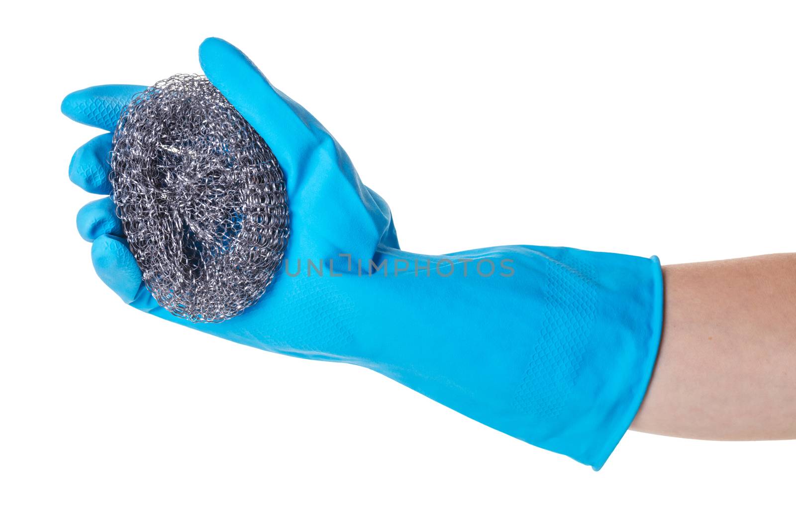 metal sponge for utensils in a female hand by MegaArt