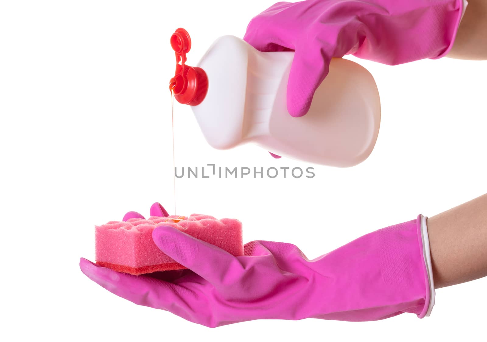 hands in gloves pour a detergent on a sponge  by MegaArt