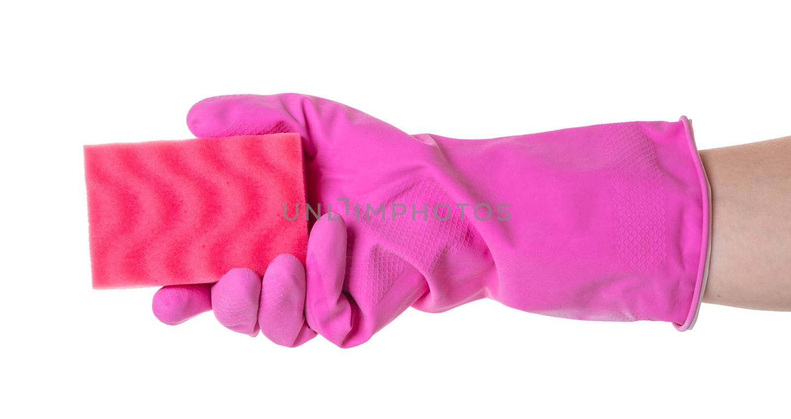 sponge for utensils in a female hand on white isolated background