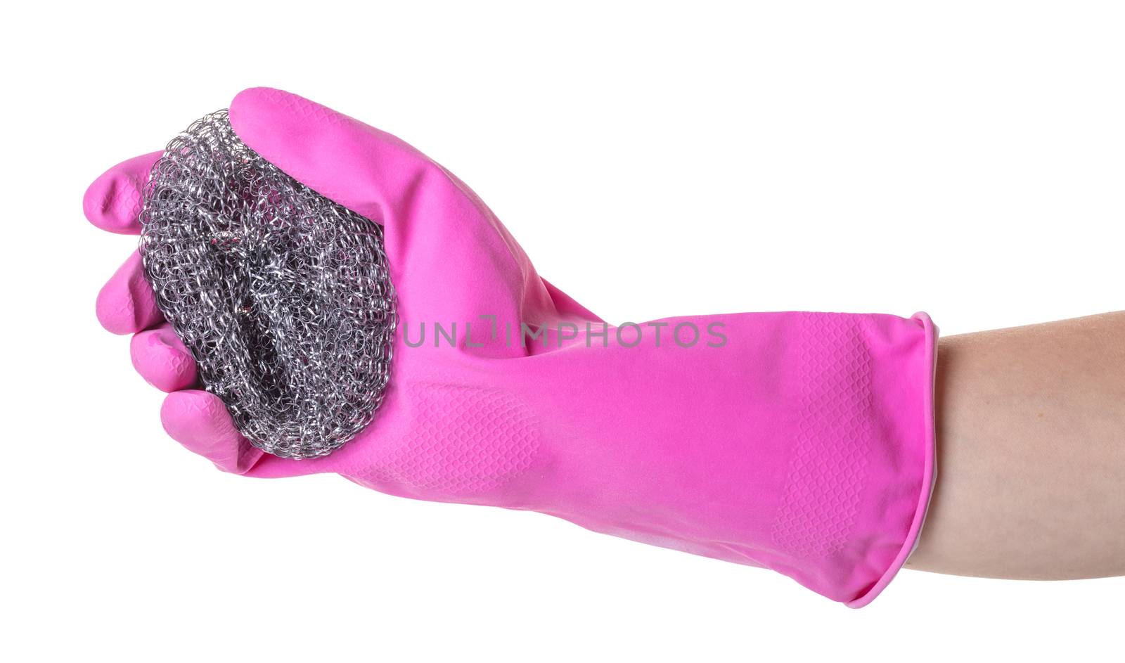 metal sponge for utensils in a female hand on white isolated background