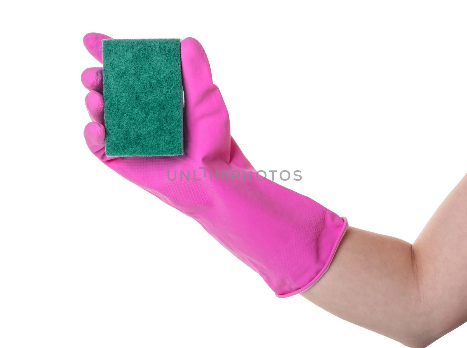 sponge for utensils in a female hand on white isolated background