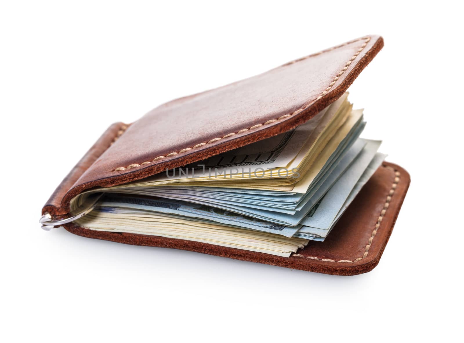 purse with money on white isolated background