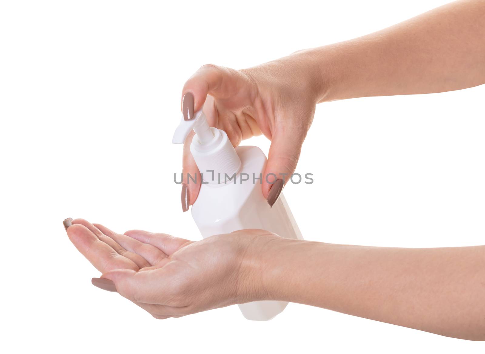 bottle with liquid soap in hand on white isolated background