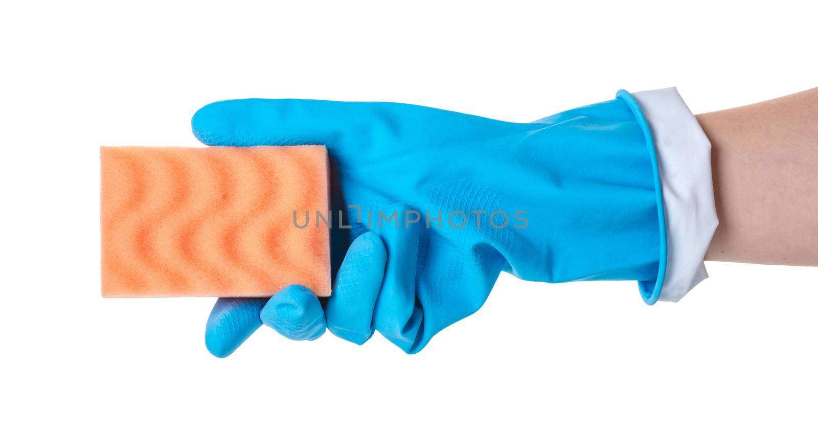 sponge for utensils in a female hand on white isolated background