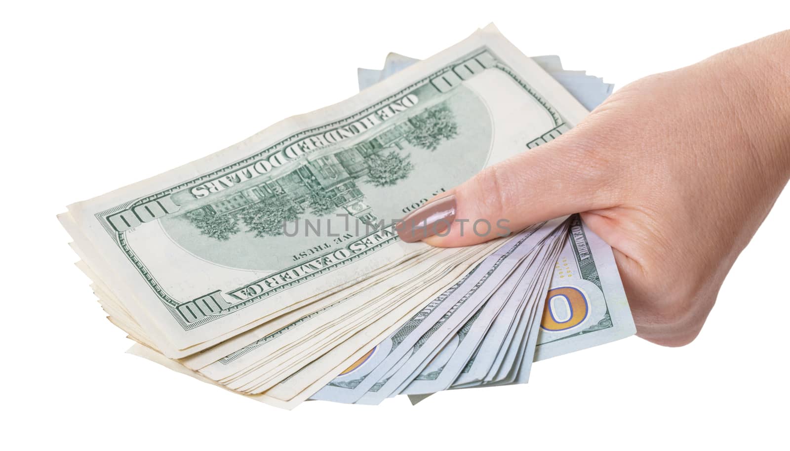 paper money in hand on white isolated background