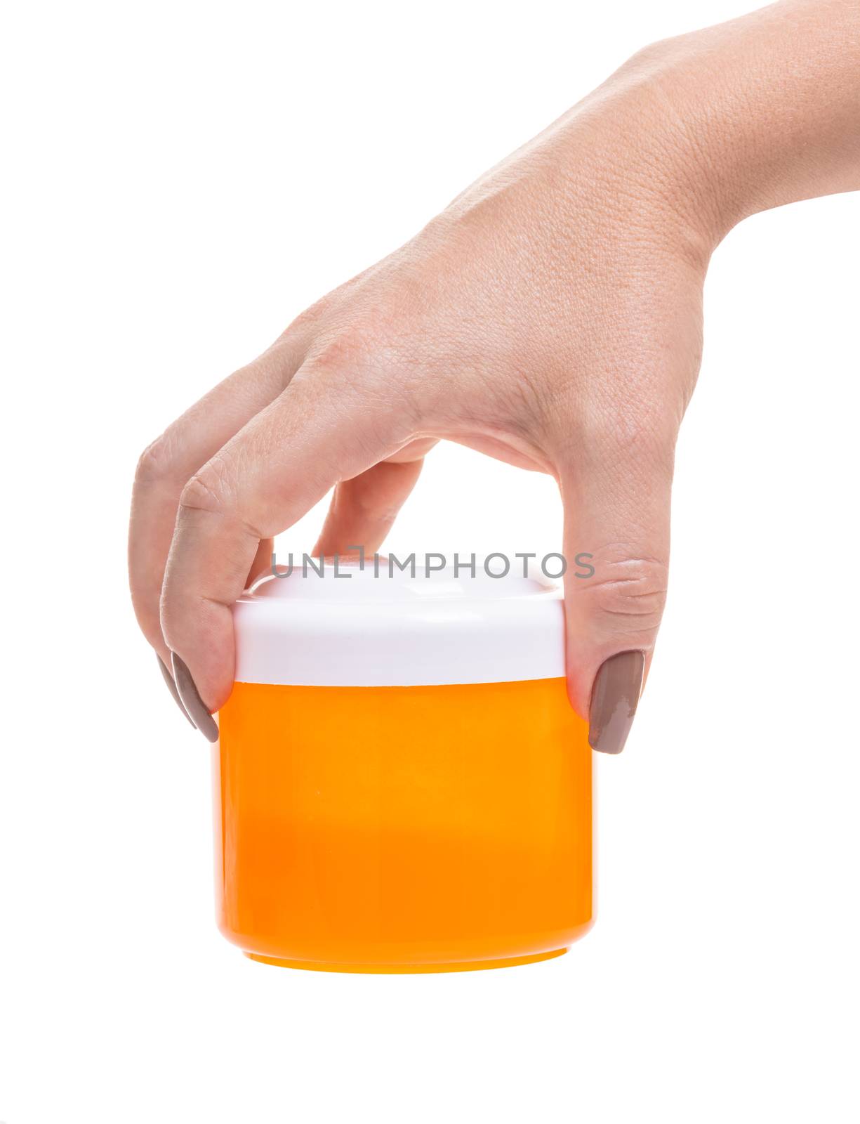 bank with cosmetic cream in hands on white background isolated