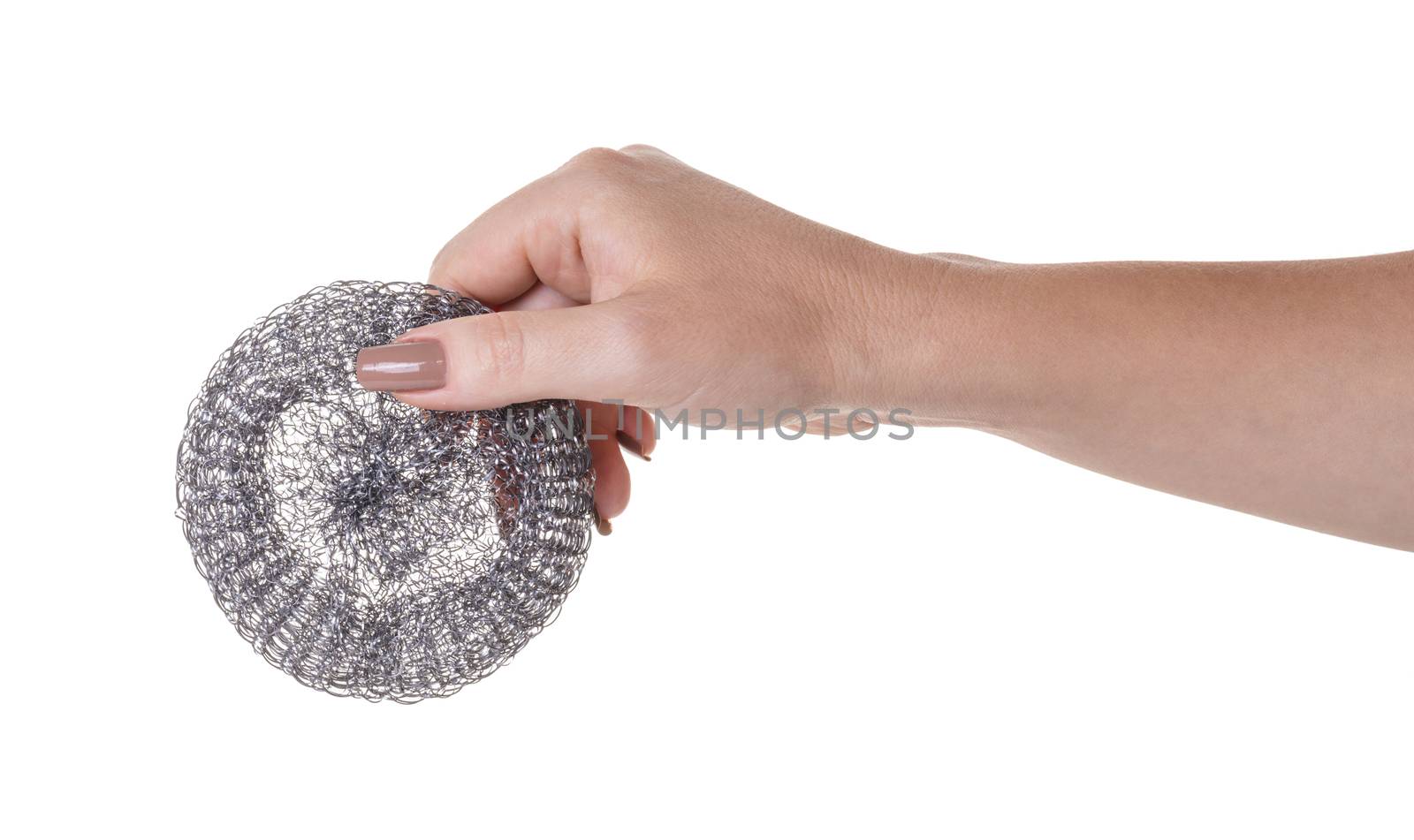 metal sponge for utensils in a female hand on white isolated background