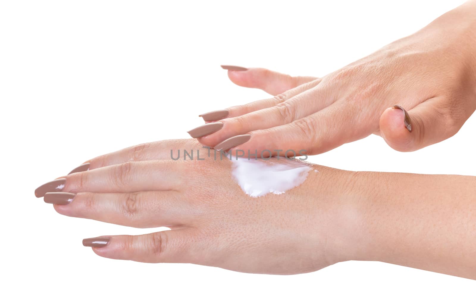 female hands in cosmetic cream on white isolated background