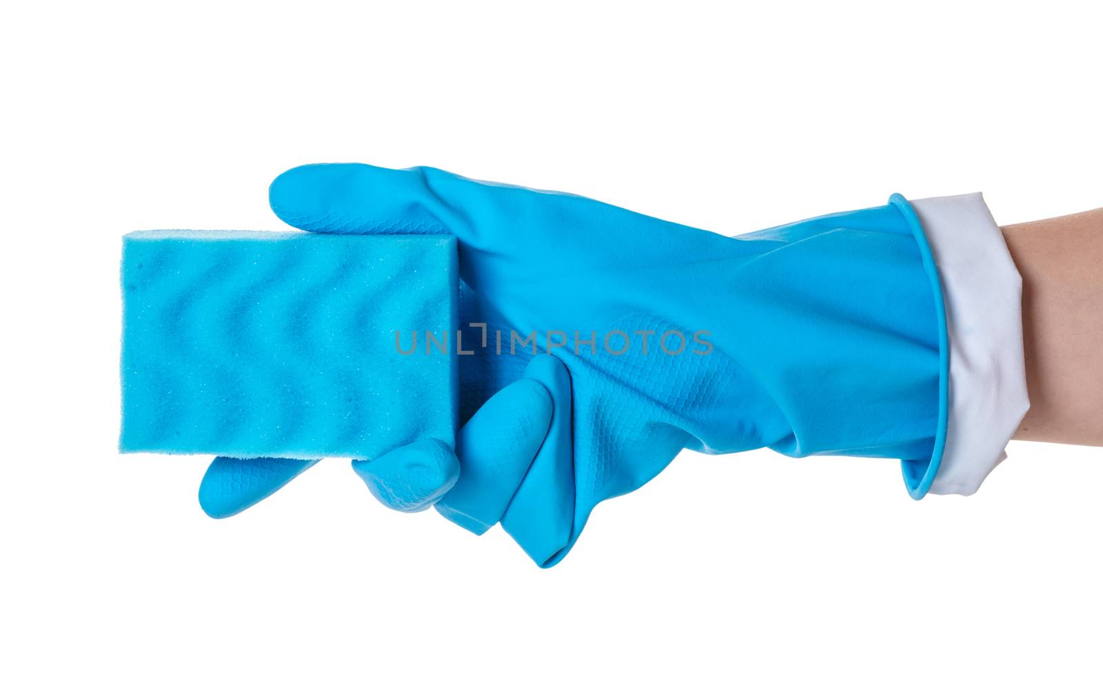 sponge for utensils in a female hand on white isolated background